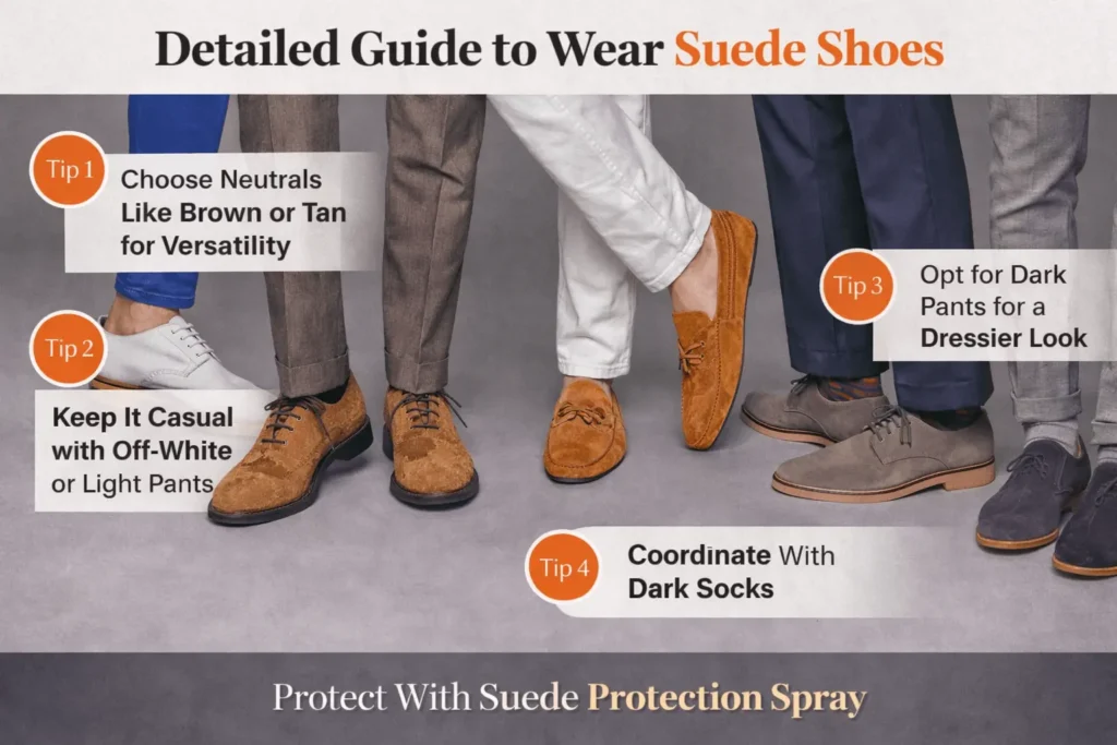 Wear suede shoes, pairs of suede shoes